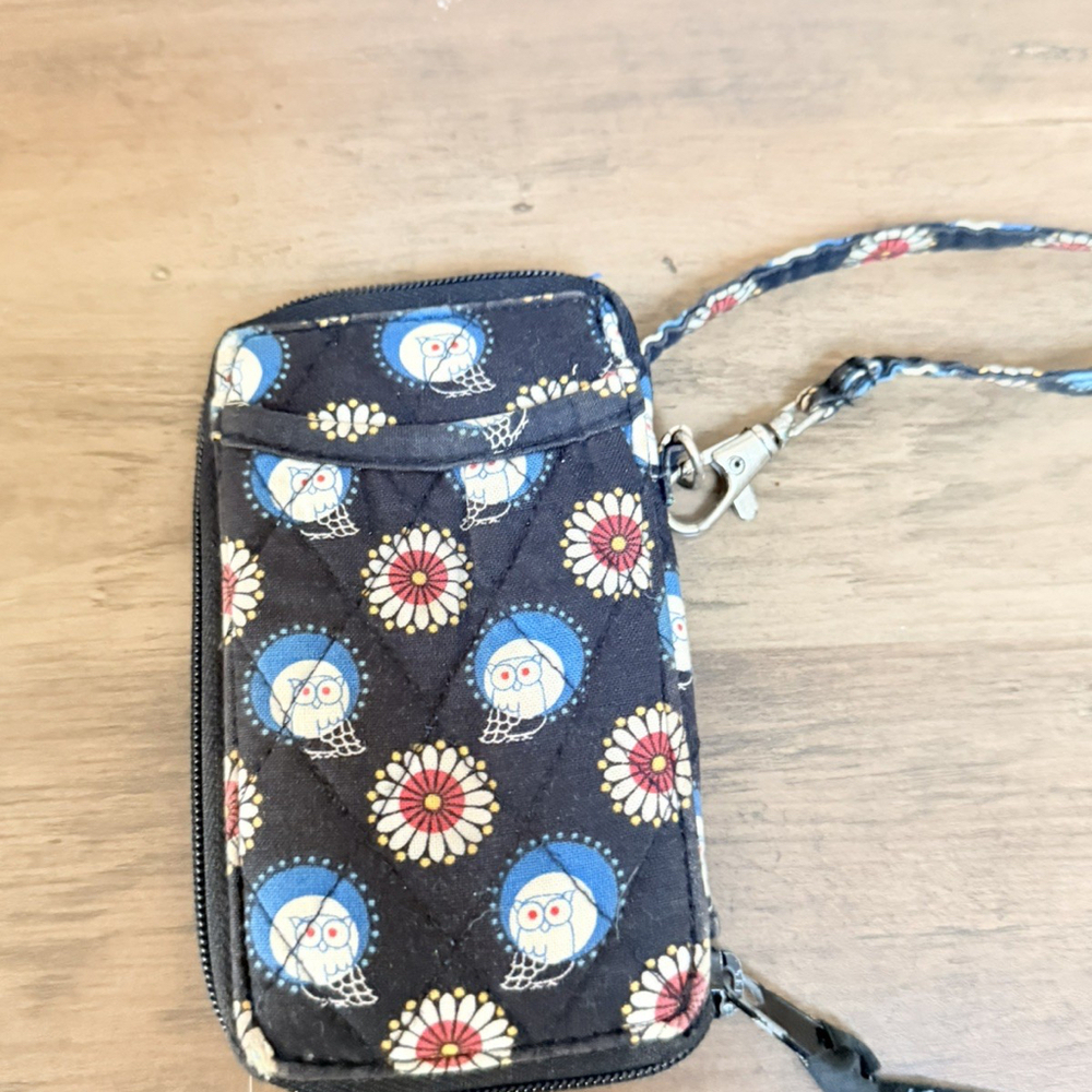 Vera Bradley Night Owl Zip Around Dark Blue/White/ Bright Blue Wristlet Wallet